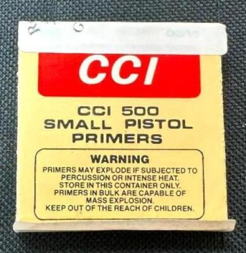 DESCRIPTION (8) 100CT BOXES OF CCI 500 SMALL PISTOL PRIMERS BRAND / MODEL: CCI 500 SIZE $9.99 EACH LOCATION AMMO WALL QTY 8