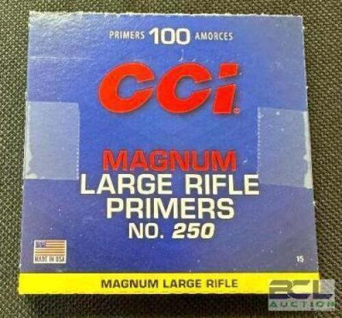 DESCRIPTION (3) 100CT BOXES OF CCI 250 MAGNUM LARGE RIFLE PRIMERS BRAND / MODEL: CCI 250 SIZE $17.99 EACH LOCATION AMMO WALL QTY 3