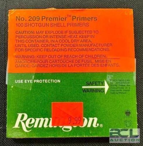 DESCRIPTION (5) 100CT BOXES OF NO. 209 PREMIER SHOTSHELL PRIMERS BRAND / MODEL: REMINGTON 209 SIZE $9.99 EACH LOCATION AMMO WALL QTY 5