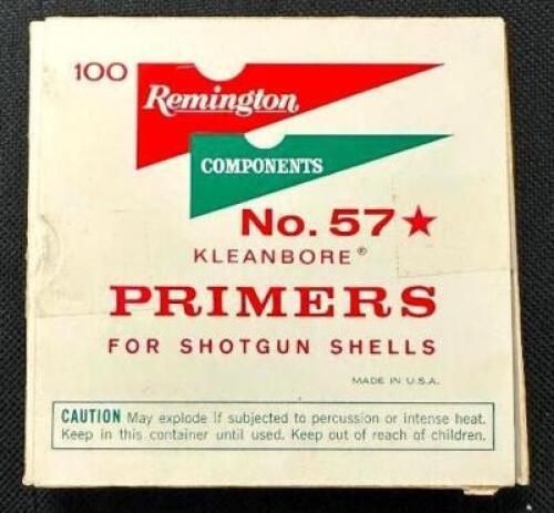 DESCRIPTION (10) 100CT BOXES OF NO. 57 SHOTSHELL PRIMERS BRAND / MODEL: REMINGTON 57 SIZE $7.99 EACH LOCATION AMMO WALL QTY 10
