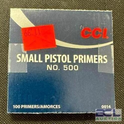 DESCRIPTION (8) 100CT BOXES OF NO. 500 SMALL PISTOL PRIMERS BRAND / MODEL: CCI 500 SIZE $11.99 EACH LOCATION AMMO WALL QTY 8