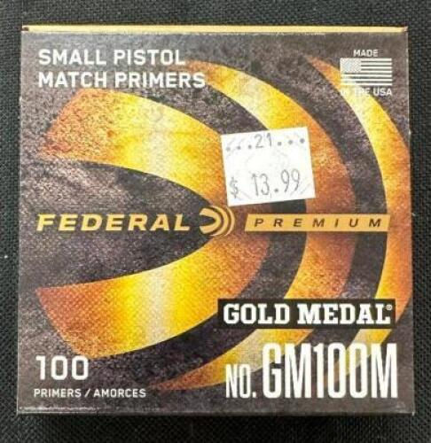DESCRIPTION (3) 100CT BOXES OF NO. GM100M SMALL PISTOL MATCH PRIMERS BRAND / MODEL: FEDERAL GM100M SIZE $13.99 EACH LOCATION AMMO WALL QTY 3