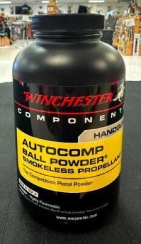 DESCRIPTION (2) 1 LB. CONTAINERS OF AUTOCOMP BALL HANDGUN POWDER SMOKELESS PROPELLANT BRAND / MODEL: WINCHESTER SIZE $42.99 EACH LOCATION AMMO WALL QT