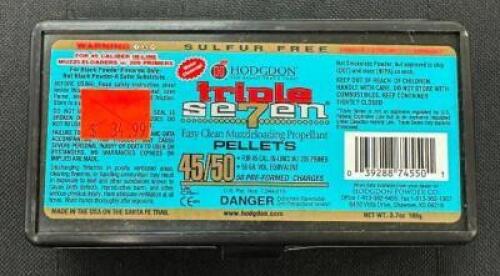 DESCRIPTION (5) 50CT BOXES OF 45/50 EASY CLEAN MUZZLELOADING PROPELLANT PELLETS BRAND / MODEL: HODGDON TRIPLE SE7EN SIZE $34.99 EACH LOCATION AMMO WAL