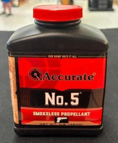 DESCRIPTION (3) 1 LB. CONTAINERS OF NO. 5 SMOKELESS POWDER BRAND / MODEL: ACCURATE SIZE $49.99 EACH LOCATION AMMO WALL QTY 3