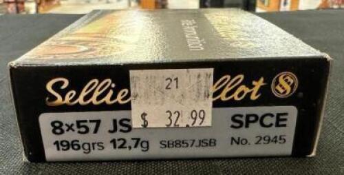 DESCRIPTION (4) 20CT BOXES OF 8X57 SPCE RIFLE AMMO BRAND / MODEL: SELLIER & BELLOT 2945 ADDITIONAL INFORMATION 196 GRAIN SIZE $32.99 EACH LOCATION AMM