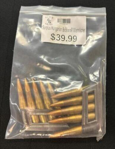 DESCRIPTION (3) 10CT BAGS OF HUGARIAN 8X56mmR MANNLICHER AMMO SIZE $39.99 EACH LOCATION AMMO WALL QTY 3