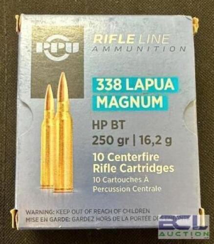 DESCRIPTION (4) 10CT BOXES OF 338 LAPUA MAGNUM RIFLE AMMO BRAND / MODEL: PPU HP BT ADDITIONAL INFORMATION 250 GRAIN SIZE $53.99 EACH LOCATION AMMO WAL