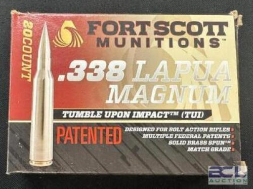 DESCRIPTION (1) 20CT BOX OF 338 LAPUA MAGNUM AMMO BRAND / MODEL: FORT SCOTT TUI ADDITIONAL INFORMATION 250 GRAIN SIZE 131.99 LOCATION AMMO WALL QTY 1