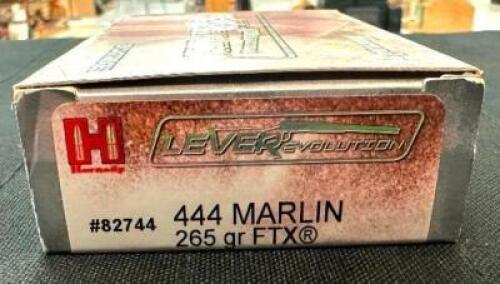 DESCRIPTION (3) 20CT BOXES OF 444 MARLIN FTX AMMO BRAND / MODEL: HORNADY LEVEREVOLUTION 82744 ADDITIONAL INFORMATION 265 GRAIN SIZE $61.99 EACH LOCATI