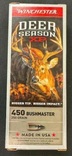 DESCRIPTION (4) 20CT BOXES OF 450 BUSHMASTER AMMO BRAND / MODEL: WINCHESTER DEER SEASON XP ADDITIONAL INFORMATION 250 GRAIN SIZE $53.99 EACH LOCATION