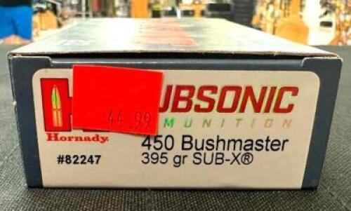 DESCRIPTION (6) 20CT BOXES OF 450 BUSHMASTER AMMO BRAND / MODEL: SUBSONIC SUB-X 82247 ADDITIONAL INFORMATION 395 GRAIN SIZE $44.99 EACH LOCATION AMMO