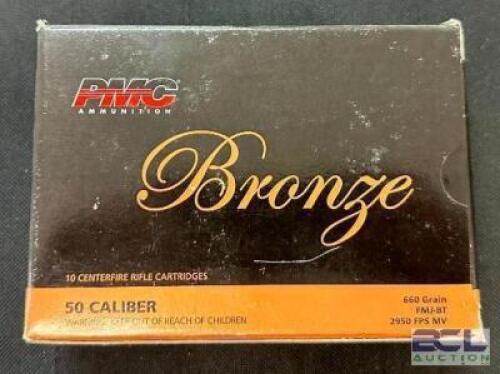DESCRIPTION (6) 10CT BOXES OF 50 CALIBER AMMO BRAND / MODEL: PMC BRONZE ADDITIONAL INFORMATION 660 GRAIN SIZE $55.99 EACH LOCATION AMMO WALL QTY 6