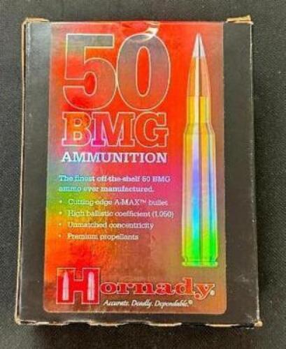 DESCRIPTION (1) 10CT BOX OF 50 BMG AMMO BRAND / MODEL: HORNADY 8270 ADDITIONAL INFORMATION 750 GRAIN SIZE 119.99 LOCATION AMMO WALL QTY 1