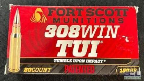 DESCRIPTION (4) 20CT BOXES OF 308 WINCHESTER AMMO BRAND / MODEL: FORT SCOTT TUI ADDITIONAL INFORMATION 150 GRAIN SIZE $48.99 EACH LOCATION AMMO WALL Q