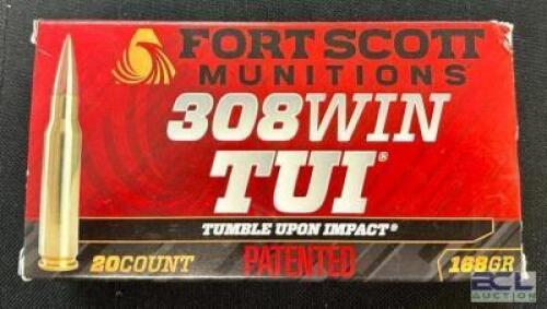 DESCRIPTION (3) 20CT BOXES OF 308 WINCHESTER AMMO BRAND / MODEL: FORT SCOTT TUI ADDITIONAL INFORMATION 168 GRAIN SIZE $50.99 EACH LOCATION AMMO WALL Q