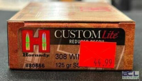 DESCRIPTION (5) 20CT BOXES OF 308 WINCHESTER AMMO BRAND / MODEL: HORNADY CUSTOM LITE 80866 ADDITIONAL INFORMATION 125 GRAIN SIZE $44.99 EACH LOCATION