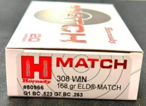 DESCRIPTION (5) 20CT BOXES OF 308 WINCHESTER AMMO BRAND / MODEL: HORNADY ELD MATCH 80966 ADDITIONAL INFORMATION 168 GRAIN SIZE $41.99 EACH LOCATION AM