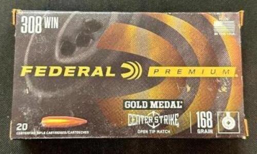 DESCRIPTION (5) 20CT BOXES OF 308 WINCHESTER AMMO BRAND / MODEL: FEDERAL GOLD MEDAL OTM ADDITIONAL INFORMATION 168 GRAIN SIZE $42.99 EACH LOCATION AMM
