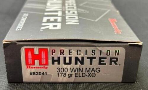 DESCRIPTION (4) 20CT BOXES OF 300 WINCHESTER MAGNUM AMMO BRAND / MODEL: HORNADY PRECISION HUNTER 82041 ADDITIONAL INFORMATION 178 GRAIN SIZE $67.99 EA