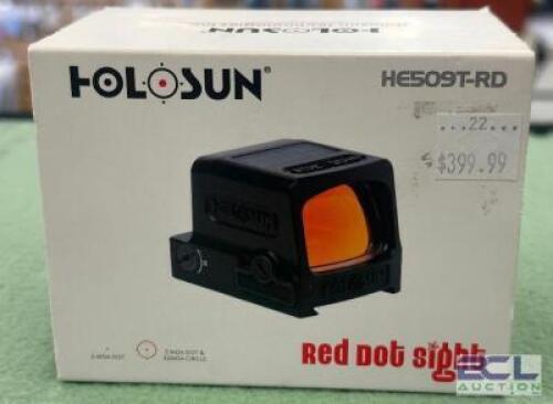 DESCRIPTION RED DOT ENCLOSED PISTOL SIGHT BRAND / MODEL: HOLOSUN ADDITIONAL INFORMATION NEW IN BOX. SIZE OPTICS COUNTER LOCATION ONE MONEY QTY 1
