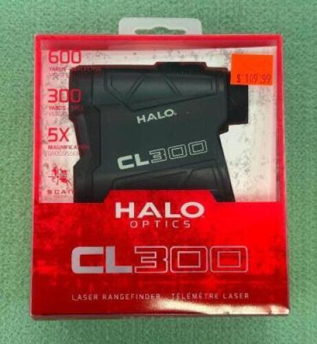 DESCRIPTION CL300 LASER RANGEFINDER BRAND / MODEL: HALO OPTICS SIZE OPTICS COUNTER LOCATION ONE MONEY QTY 1