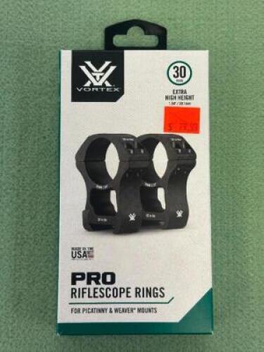 DESCRIPTION 30 MM PRO RIFLESCOPE RINGS BRAND / MODEL: VORTEX OPTICS SIZE OPTICS COUNTER LOCATION ONE MONEY QTY 1