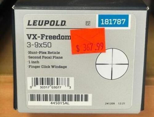 DESCRIPTION VX FREEDOM 3-9X50 SCOPE BRAND / MODEL: LEUPOLD SIZE OPTICS COUNTER LOCATION ONE MONEY QTY 1