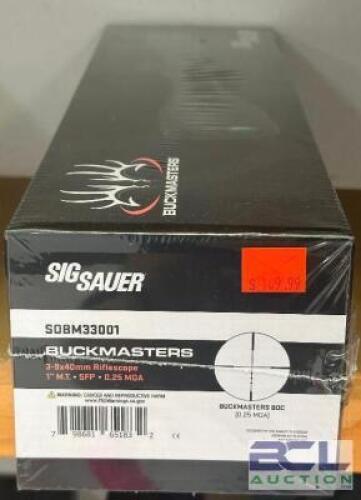 DESCRIPTION BUCKMASTER 3-9 X 40MM RIFLESCOPE BRAND / MODEL: SIG SAUER SIZE OPTICS COUNTER LOCATION ONE MONEY QTY 1