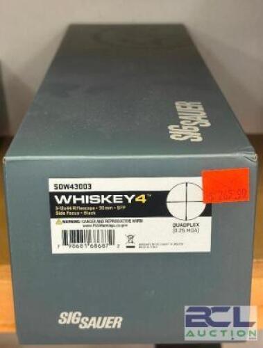 DESCRIPTION WHISKEY 4 3-12 X 44 RIFLESCOPE BRAND / MODEL: SIG SAUER SIZE OPTICS COUNTER LOCATION ONE MONEY QTY 1