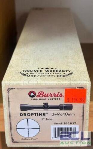 DESCRIPTION DROPTINE 3 -9 X 40MM RIFLESCOPE BRAND / MODEL: BURRIS SIZE OPTICS COUNTER LOCATION ONE MONEY QTY 1