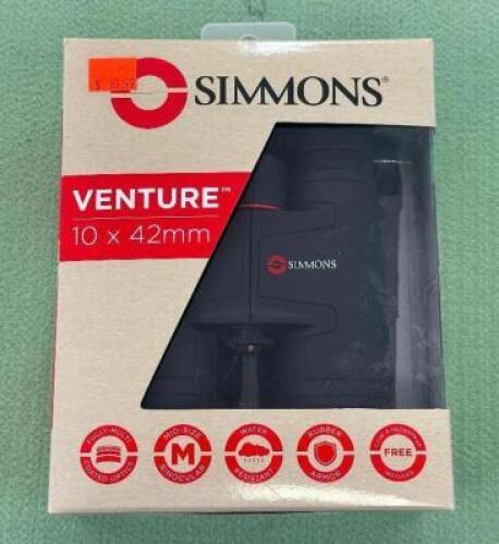 DESCRIPTION VENTURE 10 X 42 MM BINOCULARS BRAND / MODEL: SIMMONS SIZE OPTICS COUNTER LOCATION ONE MONEY QTY 1
