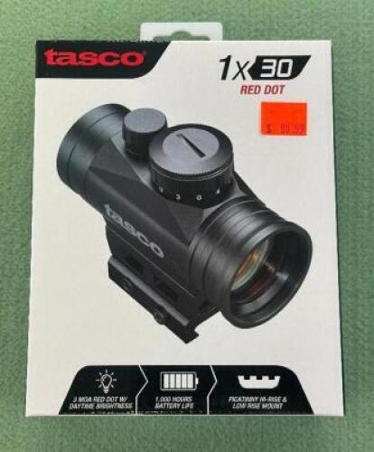 DESCRIPTION 1X30 RED DOT MAGNIFIER BRAND / MODEL: TASCO SIZE OPTICS COUNTER LOCATION ONE MONEY QTY 1