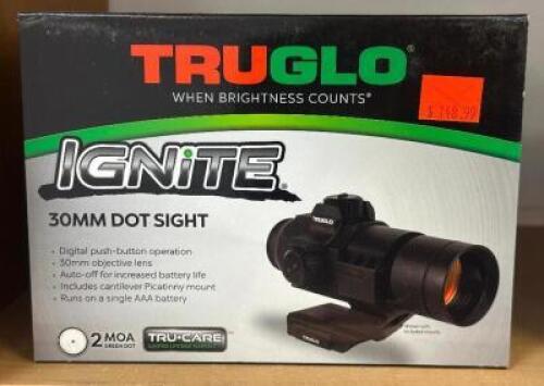 DESCRIPTION IGNITE 30MM DOT SIGHT BRAND / MODEL: TRUGLO SIZE OPTICS COUNTER LOCATION ONE MONEY QTY 1