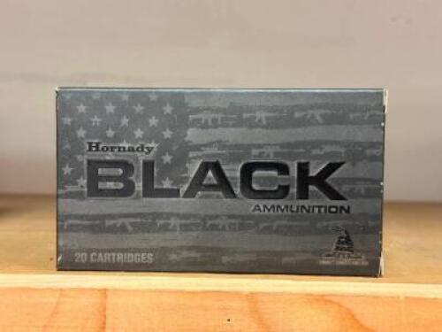 DESCRIPTION BOX OF RIFLE AMMO BRAND / MODEL: HORNADY SIZE OPTICS COUNTER LOCATION ONE MONEY QTY 1