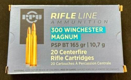 DESCRIPTION (8) 20CT BOXES OF 300 WINCHESTER MAGNUM AMMO BRAND / MODEL: PPU PSP BT ADDITIONAL INFORMATION 165 GRAIN SIZE $36.99 EACH LOCATION AMMO WAL