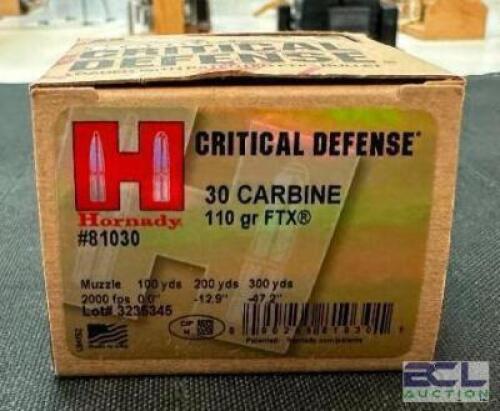 DESCRIPTION (7) 25CT BOXES OF 30 CARBINE AMMO BRAND / MODEL: HORNADY FTX CRITICAL DEFENSE 81030 ADDITIONAL INFORMATION 110 GRAIN SIZE $37.99 EACH LOCA