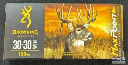 DESCRIPTION (1) 20CT BOX OF 30-30 WINCHESTER AMMO BRAND / MODEL: BROWNING MAXPOINT ADDITIONAL INFORMATION 150 GRAIN SIZE 38.99 LOCATION AMMO WALL QTY