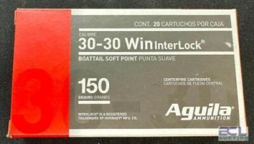 DESCRIPTION (9) 20CT BOXES OF 30-30 WINCHESTER AMMO BRAND / MODEL: AGUILA INTERLOCK ADDITIONAL INFORMATION 150 GRAIN SIZE $28.99 EACH LOCATION AMMO WA