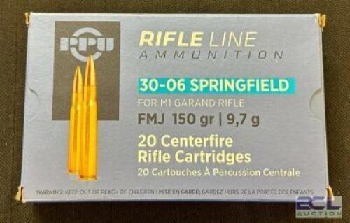 DESCRIPTION (5) 20CT BOXES OF 30-06 SPRINGFIELD M1 GARAND AMMO BRAND / MODEL: PPU FMJ ADDITIONAL INFORMATION 150 GRAIN SIZE $30.99 EACH LOCATION AMMO