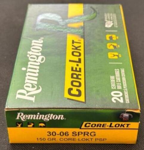 DESCRIPTION (3) 20CT BOXES OF 30-06 SPRINGFIELD AMMO BRAND / MODEL: REMINGTON CORE-LOKT PSP ADDITIONAL INFORMATION 150 GRAIN SIZE $35.99 EACH LOCATION