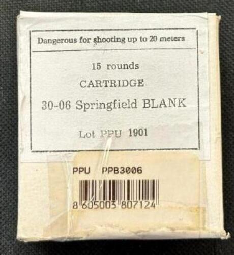 DESCRIPTION (1) 15CT BOX OF 30-06 SPRINGFIELD BLANK AMMO BRAND / MODEL: PPB3006 ADDITIONAL INFORMATION BLANKS SIZE 15.99 LOCATION AMMO WALL QTY 1