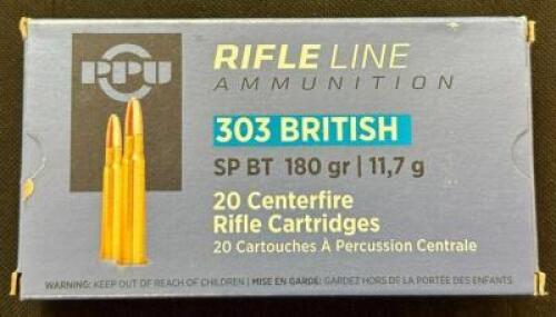 DESCRIPTION (9) 20CT BOXES OF 303 BRITISH AMMO BRAND / MODEL: PPU SP BT ADDITIONAL INFORMATION 180 GRAIN SIZE $31.99 EACH LOCATION AMMO WALL QTY 9