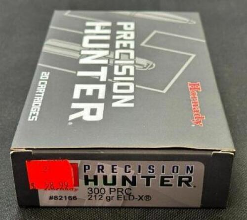 DESCRIPTION (4) 20CT BOXES OF 303 PRC AMMO BRAND / MODEL: HORNADY PRECISION HUNTER ELD-X 82166 ADDITIONAL INFORMATION 212 GRAIN SIZE $58.99 EACH LOCAT