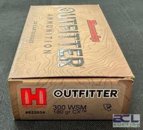 DESCRIPTION (4) 20CT BOXES OF 300 WINCHESTER MAGNUM AMMO BRAND / MODEL: HORNADY OUTFITTER CX 822034 ADDITIONAL INFORMATION 180 GRAIN SIZE $68.99 EACH