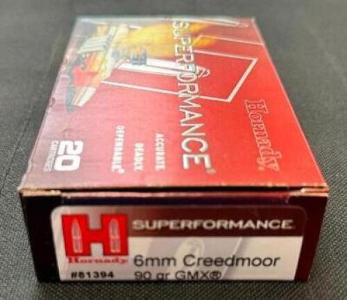 DESCRIPTION (4) 20CT BOXES OF 6mm CREEDMOOR AMMO BRAND / MODEL: HORNADY SUPERFORMANCE GMX 81395 ADDITIONAL INFORMATION 90 GRAIN SIZE $43.99 EACH LOCAT