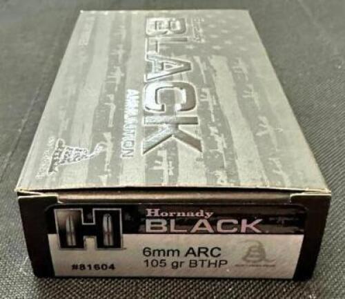 DESCRIPTION (1) 20CT BOX OF 6mm ARC AMMO BRAND / MODEL: HORNADY BTHP BLACK 81640 ADDITIONAL INFORMATION 105 GRAIN SIZE 33.99 LOCATION AMMO WALL QTY 1
