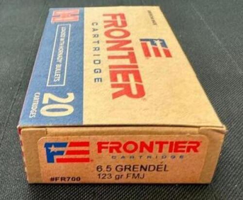 DESCRIPTION (6) 20CT BOXES OF 6.5 GRENDEL AMMO BRAND / MODEL: FRONTIER FB700 ADDITIONAL INFORMATION 123 GRAIN SIZE $17.99 EACH LOCATION AMMO WALL QTY
