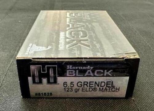 DESCRIPTION (9) 20CT BOXESOF 6.5 GRENDEL AMMO BRAND / MODEL: HORNADY ELD BLACK 81528 ADDITIONAL INFORMATION 123 GRAIN SIZE $36.99 EACH LOCATION AMMO W