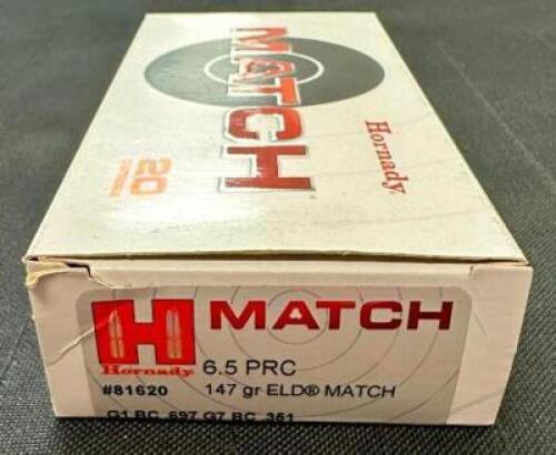 DESCRIPTION (7) 20CT BOXES OF 6.5 PRC AMMO BRAND / MODEL: HORNADY ELD MATCH 81620 ADDITIONAL INFORMATION 147 GRAIN SIZE $55.99 EACH LOCATION AMMO WALL